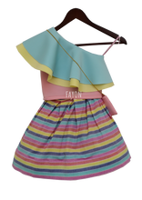 Load image into Gallery viewer, Girls Aqua &amp; Yellow Crop Top With Skirt
