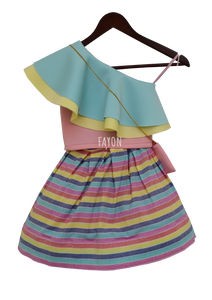 Girls Aqua & Yellow Crop Top With Skirt