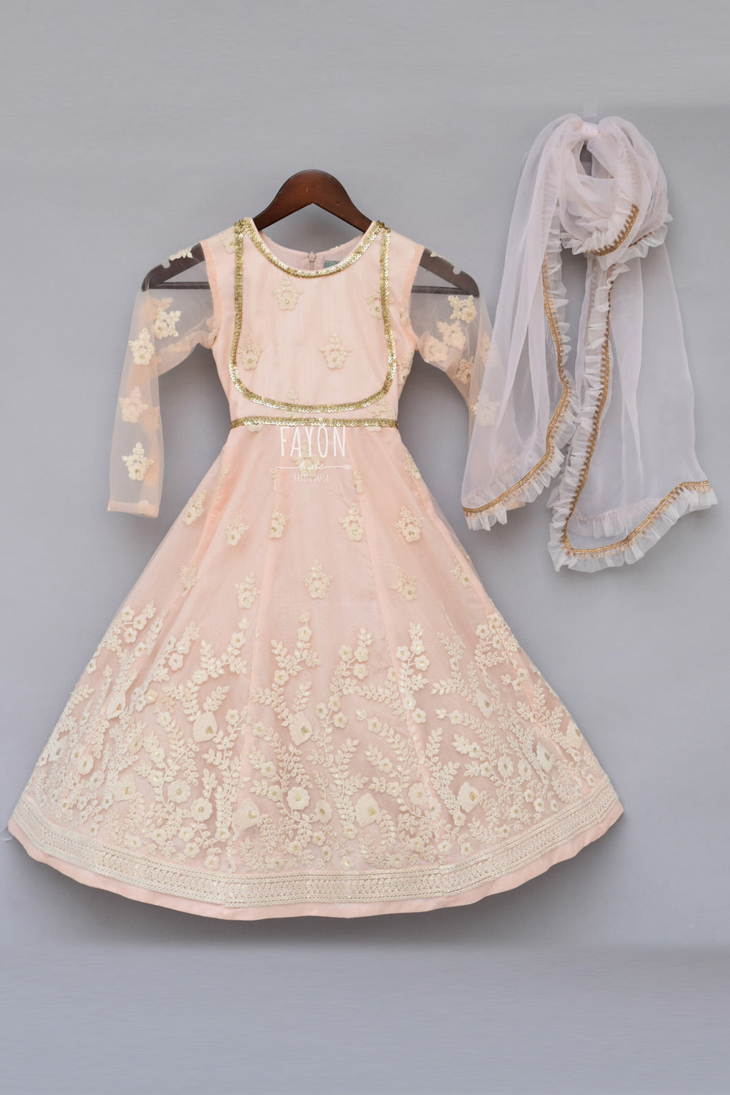 Girls Baby Pink Embroidery Anarkali With Frill Dupatta
