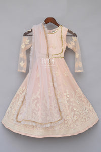 Girls Baby Pink Embroidery Anarkali With Frill Dupatta