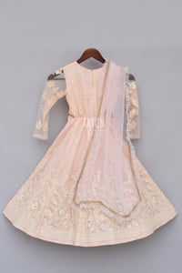 Girls Baby Pink Embroidery Anarkali With Frill Dupatta