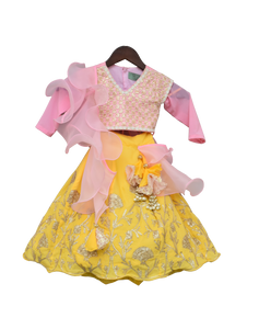 Girls Baby Pink Embroidery Choli With Yellow Gota Lehenga