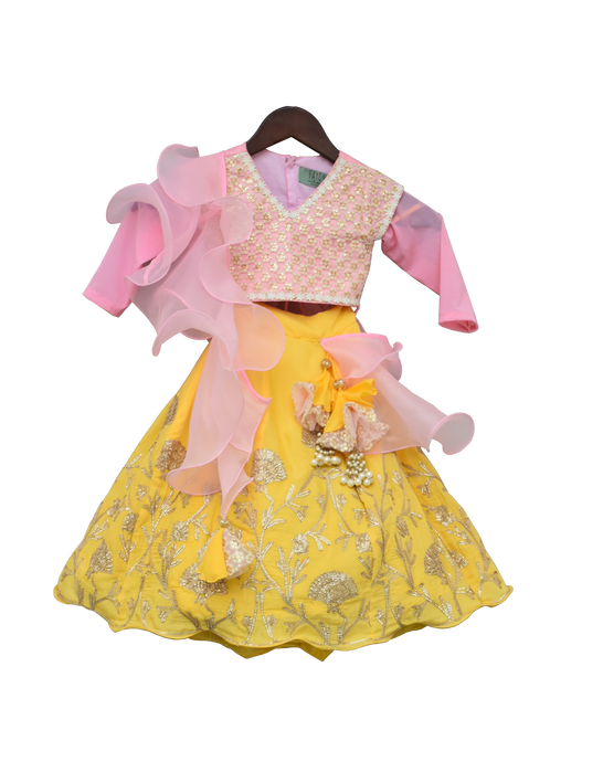 Girls Baby Pink Embroidery Choli With Yellow Gota Lehenga