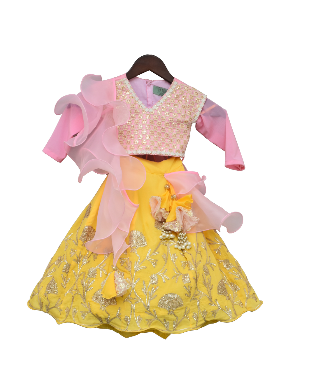 Girls Baby Pink Embroidery Choli With Yellow Gota Lehenga
