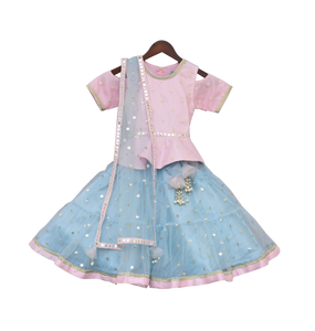 Girls Baby Pink Embroidery Peplum With Net Lehenga