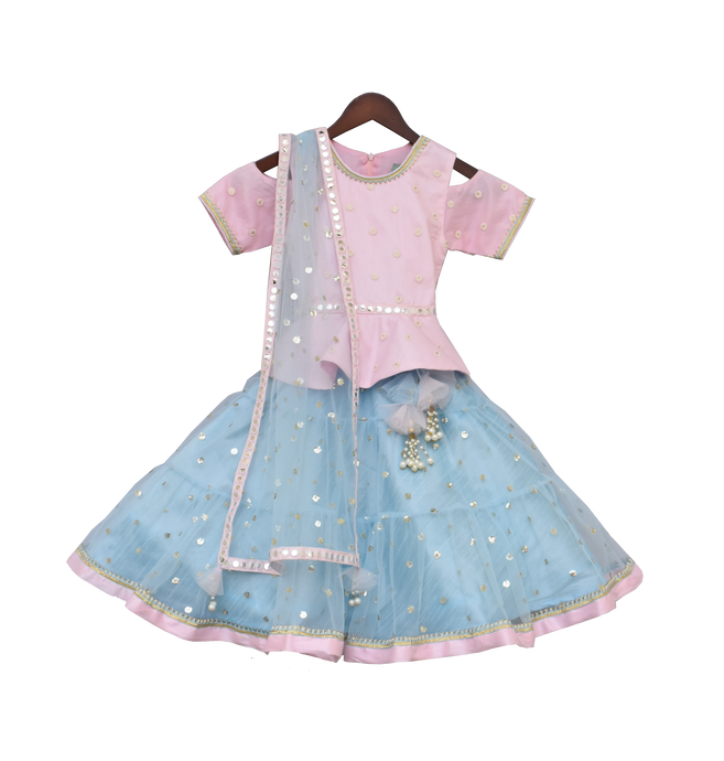 Girls Baby Pink Embroidery Peplum With Net Lehenga