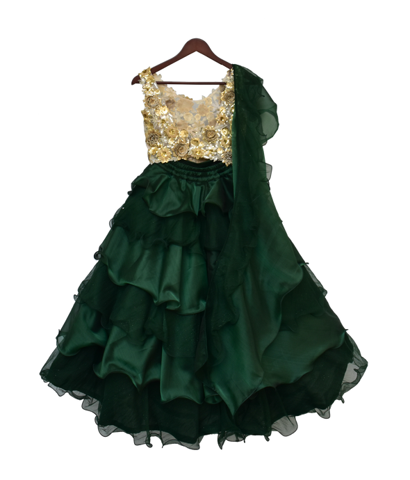 Girls Beige Choli With Ombre Green Organza Lehenga