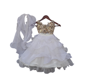 Girls Beige Choli With White Organza Lehenga
