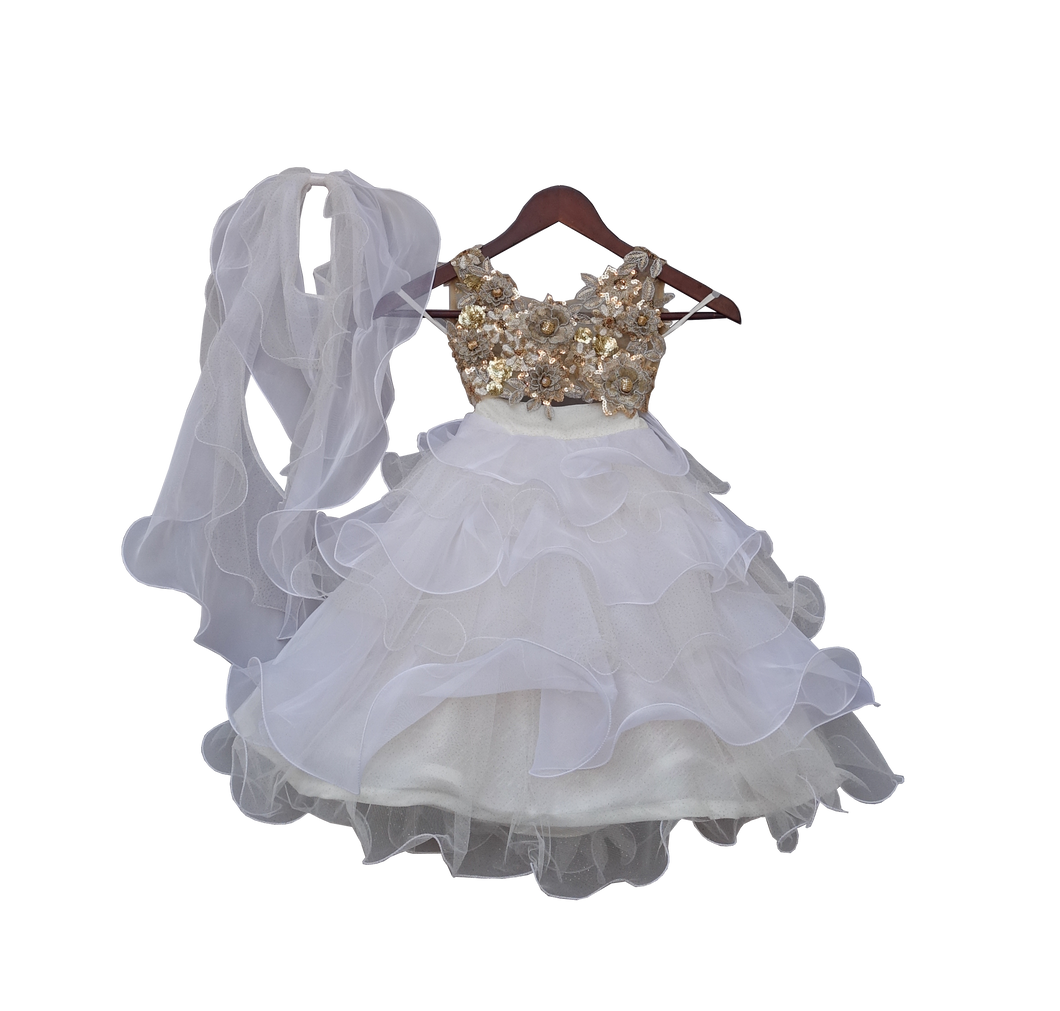 Girls Beige Choli With White Organza Lehenga