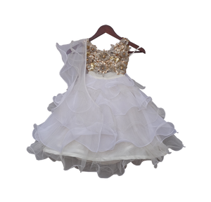 Girls Beige Choli With White Organza Lehenga