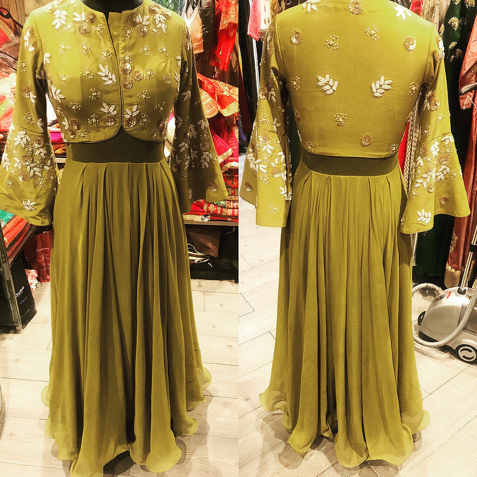 Bell Sleeve Gown With Sequins And Cutdana