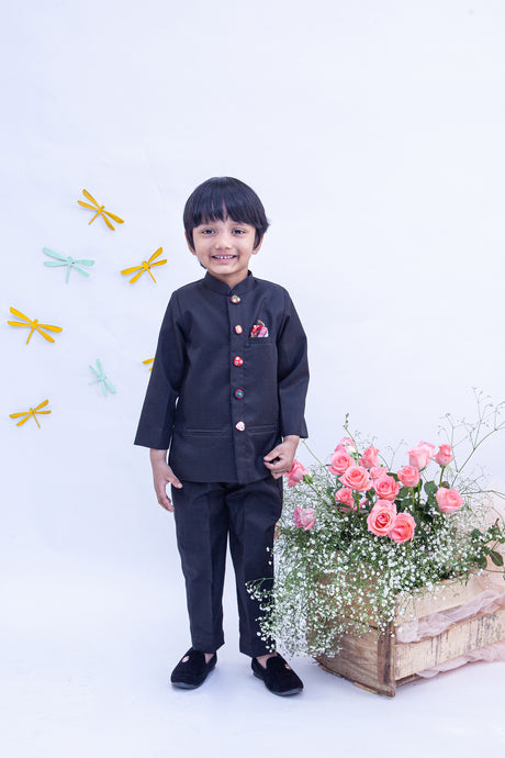 Boys Black Bandgala With Mirror Embroidery Buttons