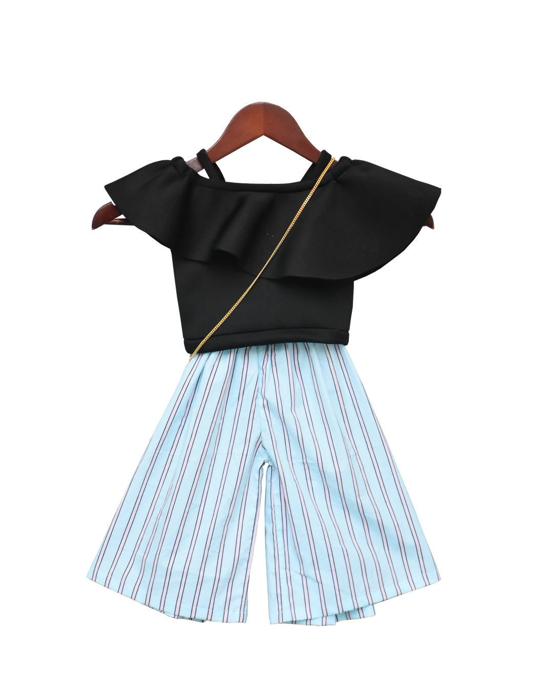 Girls Black Crop Top With Stripe Plazo Set