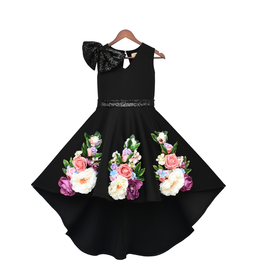 Girls Black Lycra Flower Dress