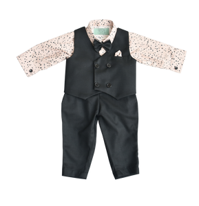 Boys Black Waist Coat With Peach Printed Shirt And Black Pant