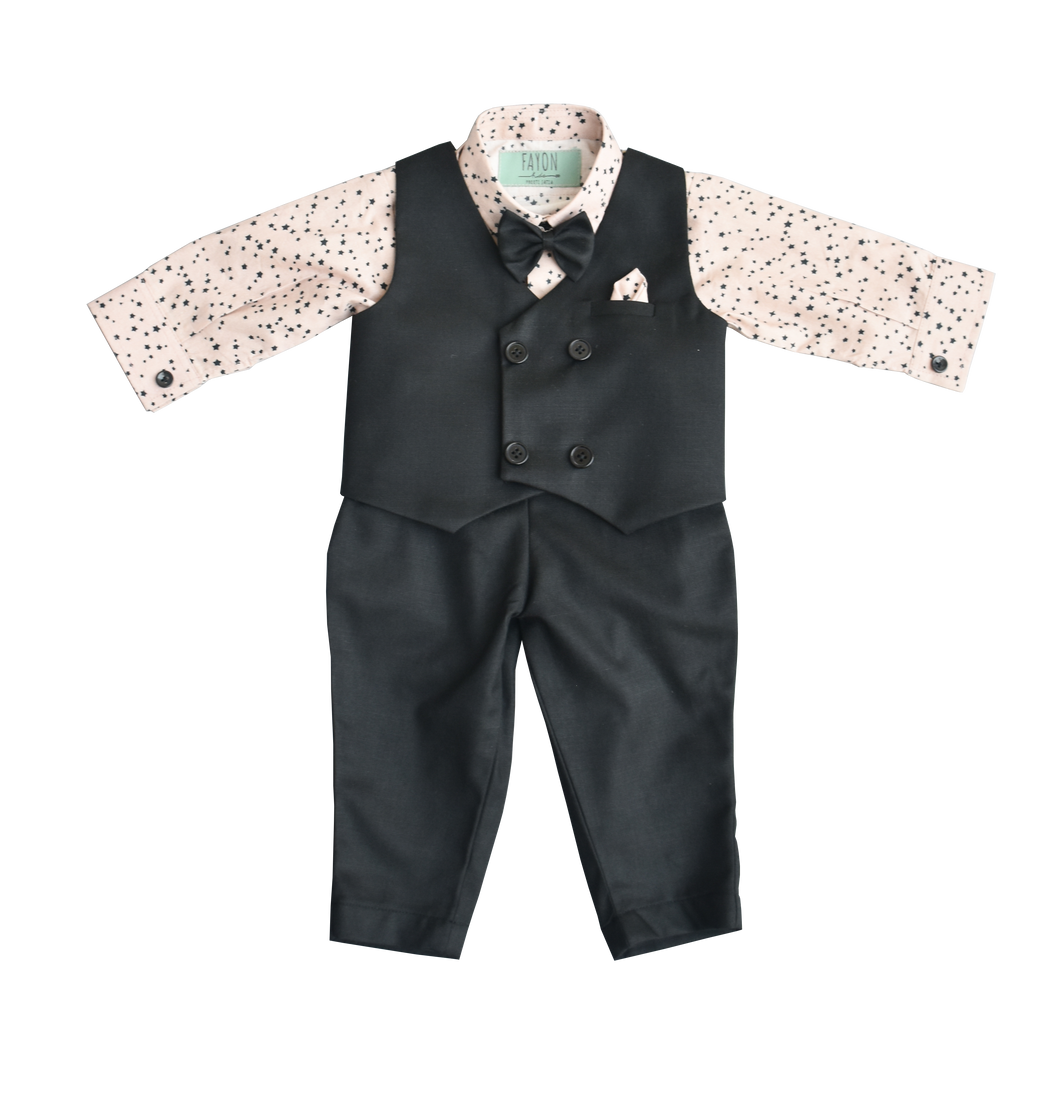 Boys Black Waist Coat With Peach Printed Shirt And Black Pant