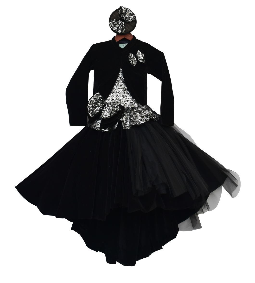 Girls Black Velvet & Net Gown With Shrug