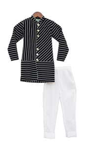 Boys Black & White Stripe Ajkan With Churidar