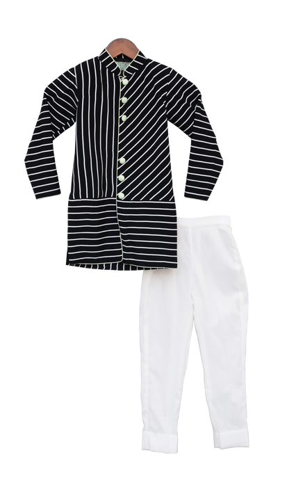 Boys Black & White Stripe Ajkan With Churidar