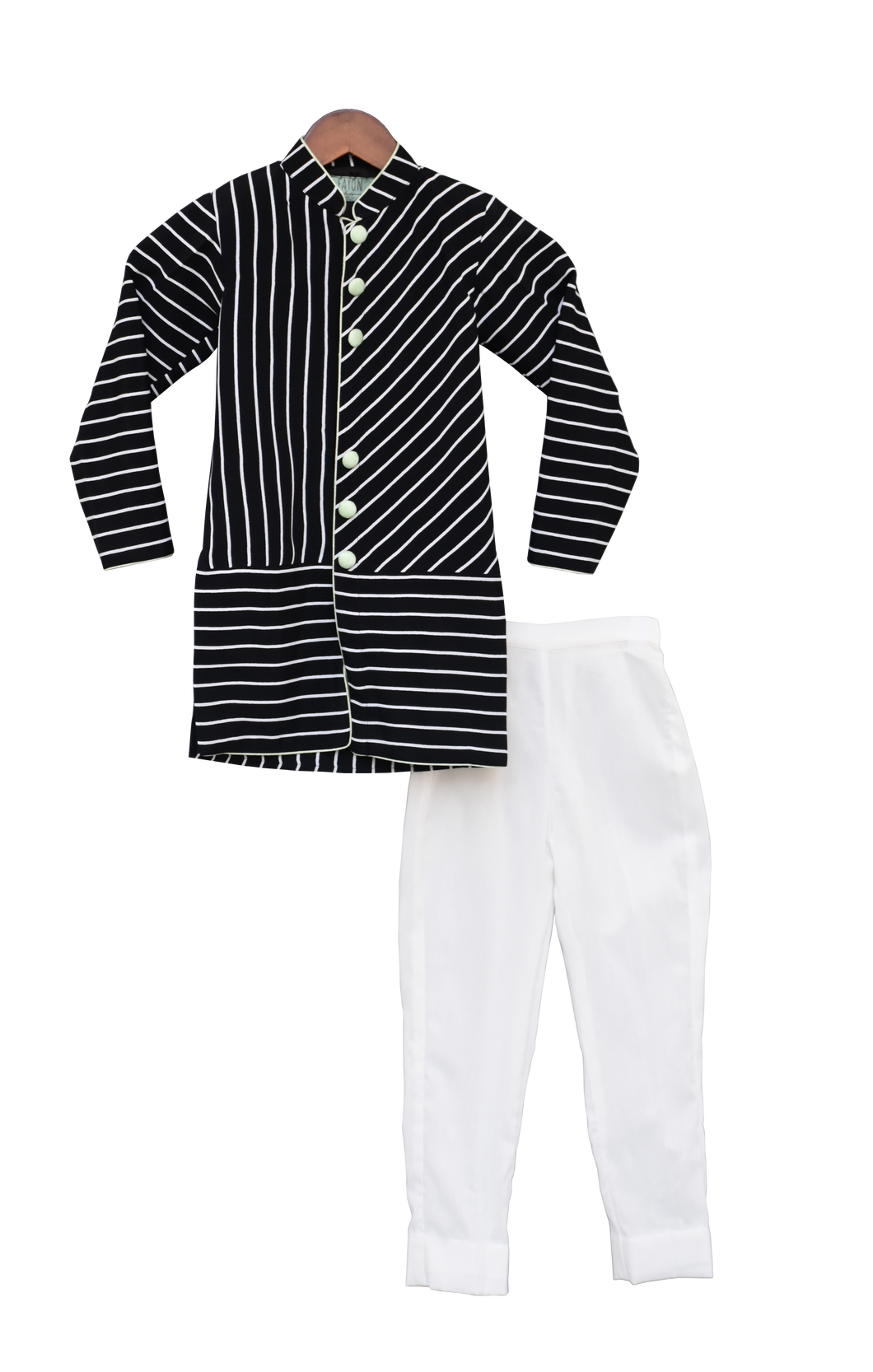 Boys Black & White Stripe Ajkan With Churidar