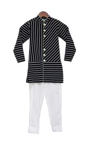 Boys Black & White Stripe Ajkan With Churidar