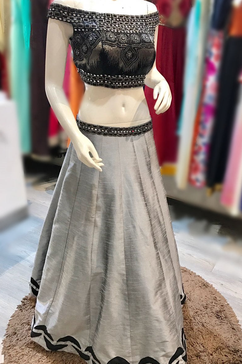 Black And Grey Off Shoulder Crop Top Skirt