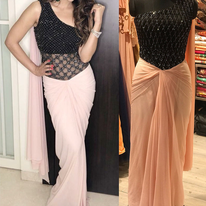 Black Baby Pink Handwork One Shoulder Drape