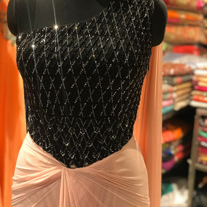 Black Baby Pink Handwork One Shoulder Drape by Perfect Panache