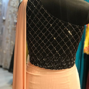 Black Baby Pink Handwork One Shoulder Drape