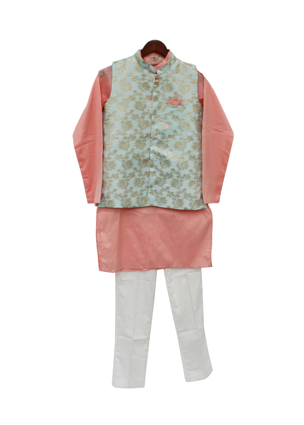 BOYS Blue Chanderi Jacket With Kurta And Pant