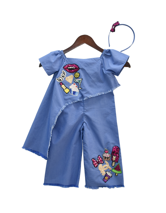 Girls Blue Denim Texture Jumpsuit