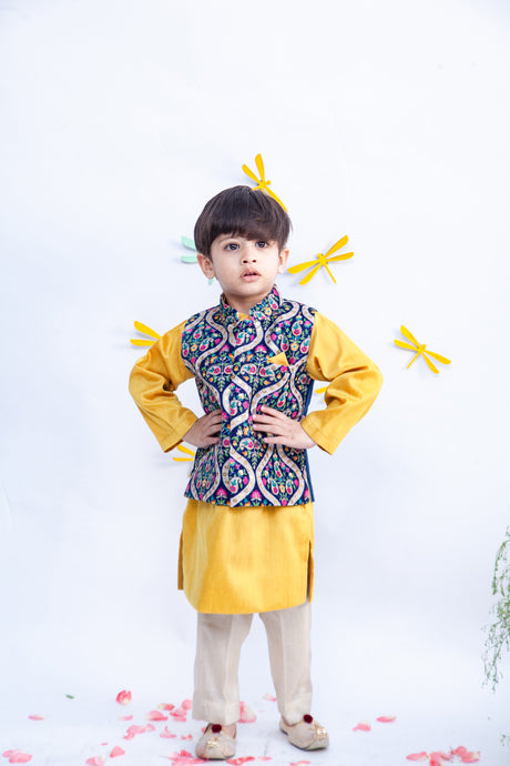 Boys Blue Embroidery Velvet Nehru Jacket With Kurta And Pant