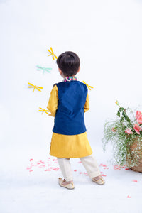 Boys Blue Embroidery Velvet Nehru Jacket With Kurta And Pant