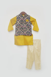 Boys Blue Embroidery Velvet Nehru Jacket With Kurta And Pant