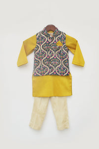 Boys Blue Embroidery Velvet Nehru Jacket With Kurta And Pant