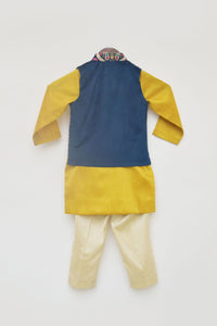 Boys Blue Embroidery Velvet Nehru Jacket With Kurta And Pant