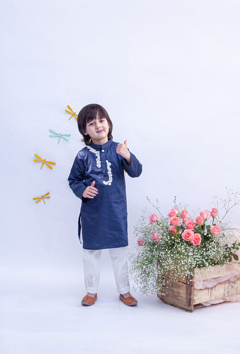 Boys Blue Kurta With Dori Embroidery And Pant