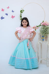 Girls Blue Lehenga With Pink Choli And Mirror Boti Dupatta