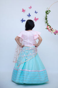 Girls Blue Lehenga With Pink Choli And Mirror Boti Dupatta