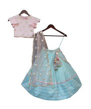 Load image into Gallery viewer, Girls Blue Lehenga With Pink Choli And Mirror Boti Dupatta