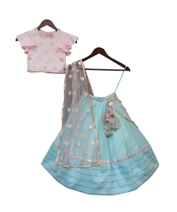 Girls Blue Lehenga With Pink Choli And Mirror Boti Dupatta