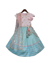 Load image into Gallery viewer, Girls Blue Lehenga With Pink Choli And Mirror Boti Dupatta