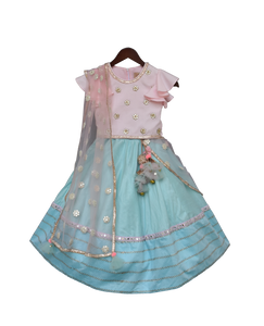 Girls Blue Lehenga With Pink Choli And Mirror Boti Dupatta