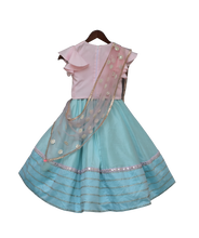 Load image into Gallery viewer, Girls Blue Lehenga With Pink Choli And Mirror Boti Dupatta