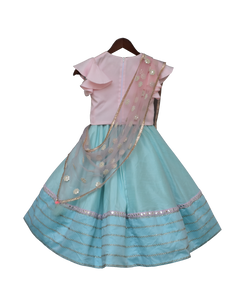 Girls Blue Lehenga With Pink Choli And Mirror Boti Dupatta