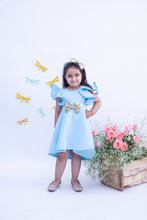 Load image into Gallery viewer, Girls Blue Neoprene Dress With Golden Bow
