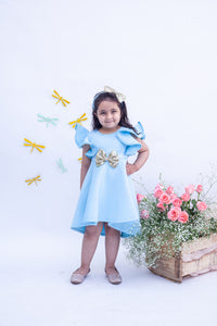 Girls Blue Neoprene Dress With Golden Bow