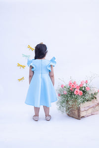 Girls Blue Neoprene Dress With Golden Bow