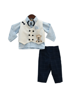 Boys Blue Shirt With Pant And White Waist Coat Set