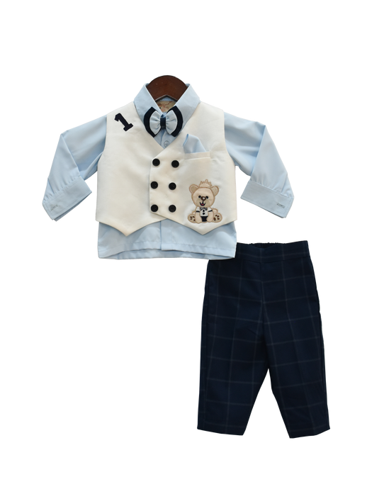 Boys Blue Shirt With Pant And White Waist Coat Set